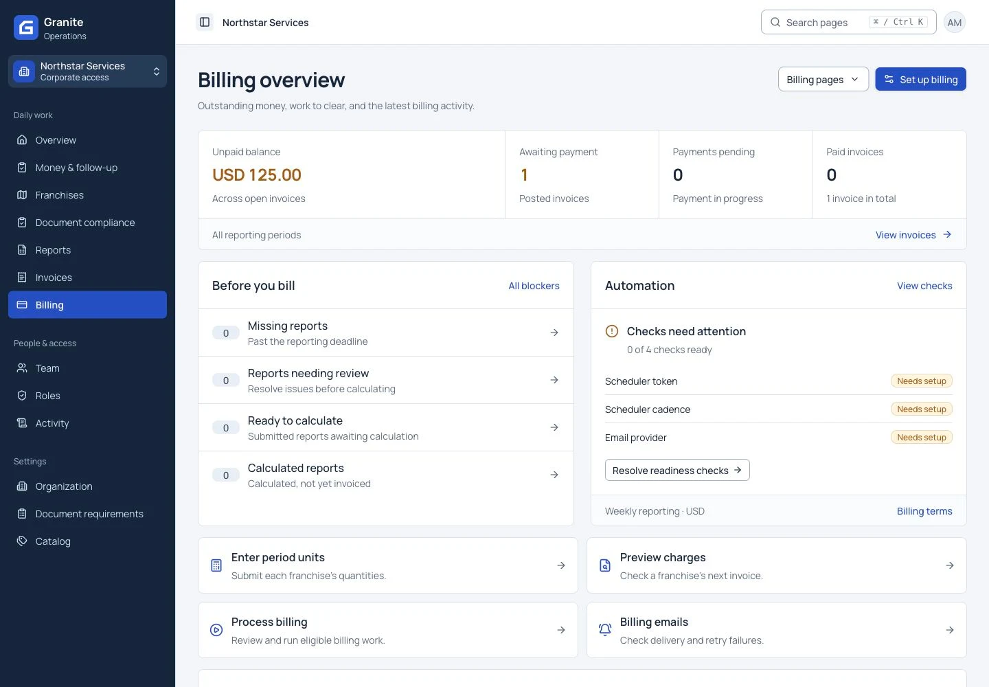 Granite billing overview with invoice balances, reporting blockers, and next actions