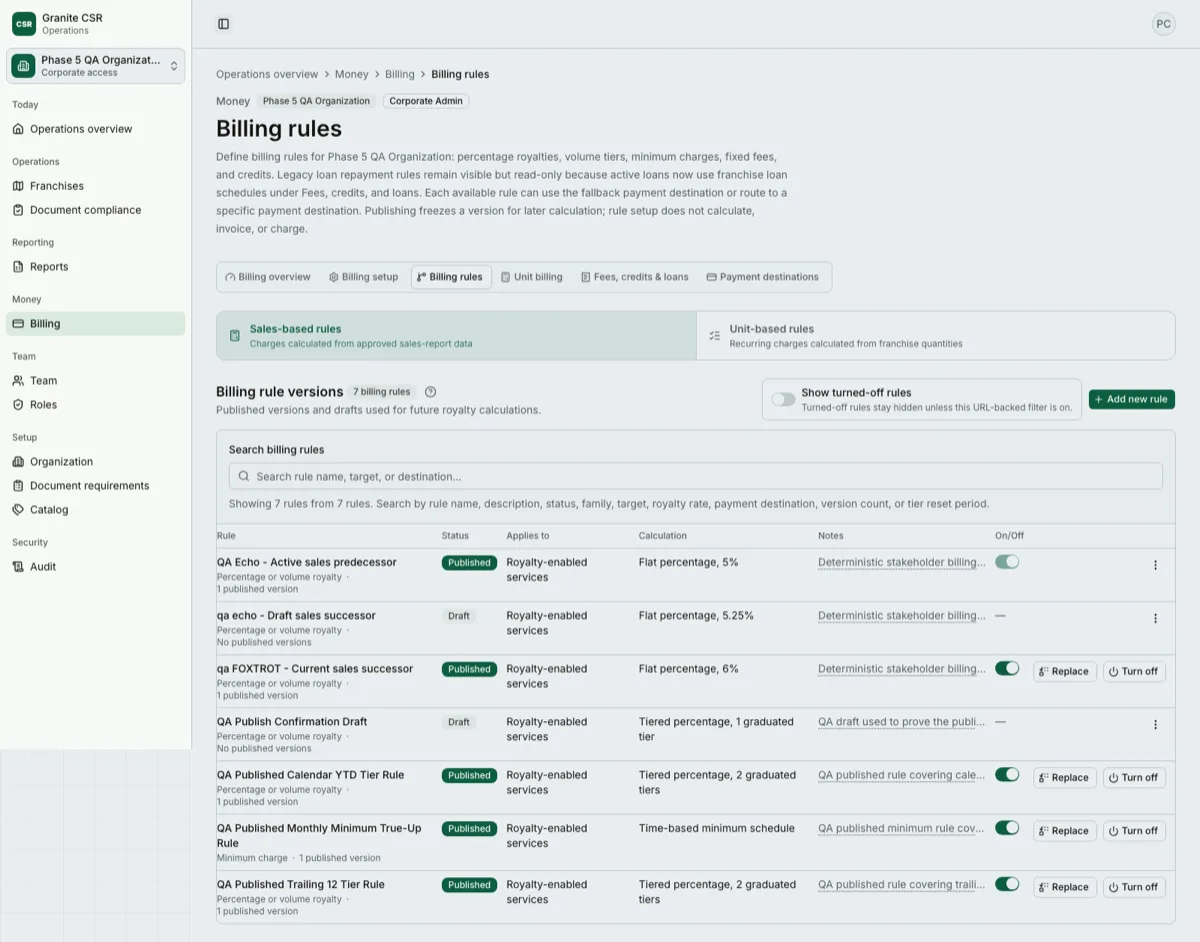 Granite CSR billing rules list with published versions, drafts, and per-rule payment routing