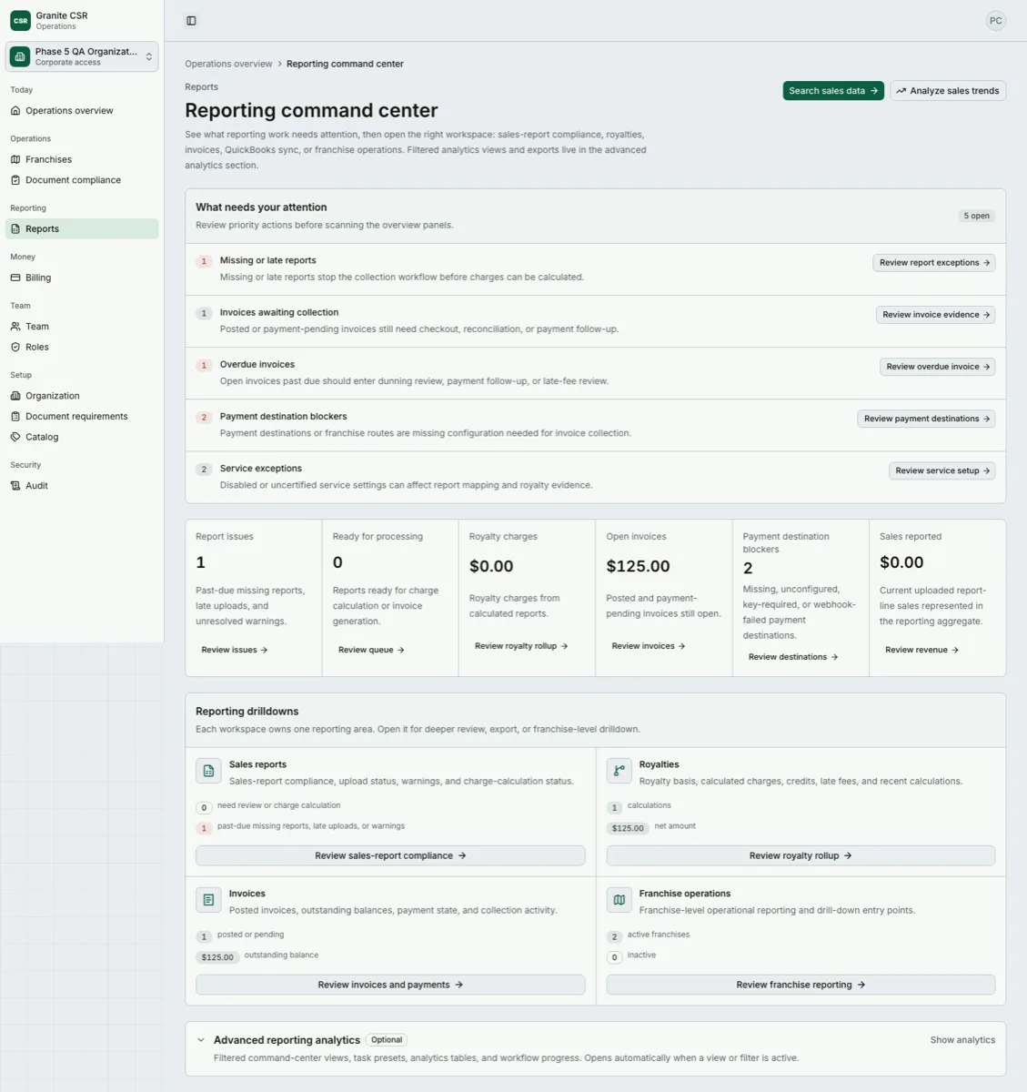 Granite CSR reporting command center with priority actions, report issues, and reporting drilldowns